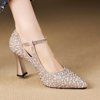 Ženske cipele s rhinestones, špičast nos, Mary Jane stil, s jednom kopčom, plitki vamp, 6–8 cm visina pete, pogodne za vjenčanja i svečane prilike