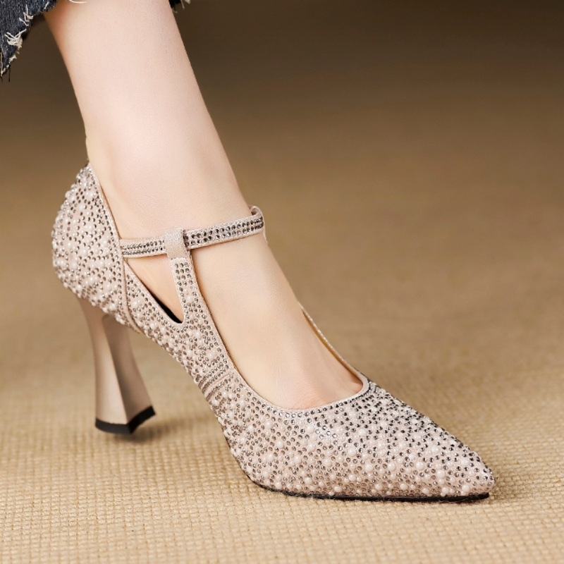 Ženske cipele s rhinestones, špičast nos, Mary Jane stil, s jednom kopčom, plitki vamp, 6–8 cm visina pete, pogodne za vjenčanja i svečane prilike