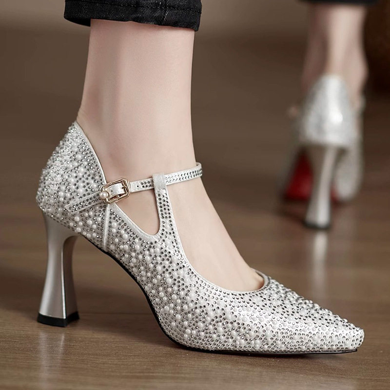 Ženske cipele s rhinestones, špičast nos, Mary Jane stil, s jednom kopčom, plitki vamp, 6–8 cm visina pete, pogodne za vjenčanja i svečane prilike