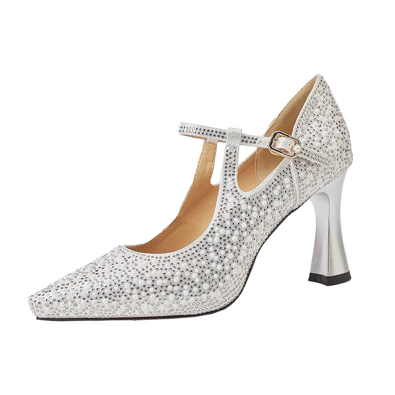 Ženske cipele s rhinestones, špičast nos, Mary Jane stil, s jednom kopčom, plitki vamp, 6–8 cm visina pete, pogodne za vjenčanja i svečane prilike