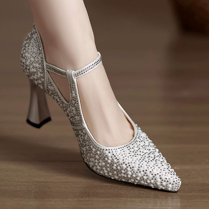 Ženske cipele s rhinestones, špičast nos, Mary Jane stil, s jednom kopčom, plitki vamp, 6–8 cm visina pete, pogodne za vjenčanja i svečane prilike