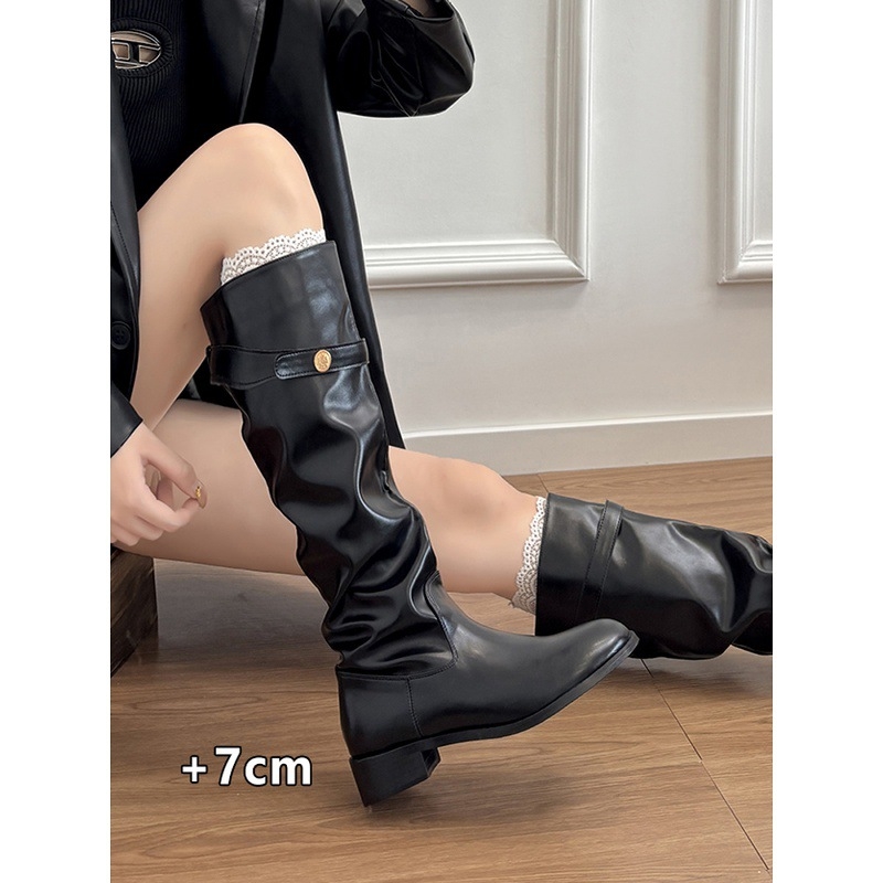 Valódi bőr hosszú csizma juhbőr bélésével, 5 cm-es magasság-növelés, kis termetű nőknek, koreai stílus, karcsú vonal