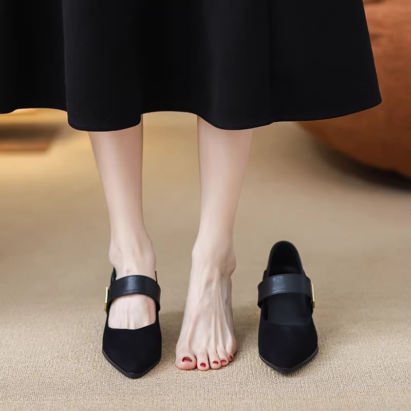 Ženske Mary Jane cipele s 9 cm povećanjem visine, francuskog stila, špičast vrh, debeli potpetice, jedan remen, velur