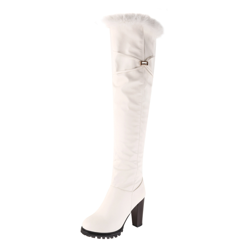 Coffee Rain ženske čizme iznad koljena s debelim visokim potpeticama 6–8 cm, PU gornji dio, gumeni potplat, bočni zatvarač, jednobojne, jesenji model W456