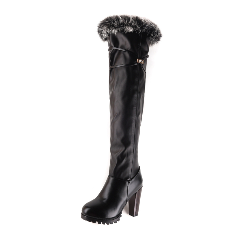 Coffee Rain ženske čizme iznad koljena s debelim visokim potpeticama 6–8 cm, PU gornji dio, gumeni potplat, bočni zatvarač, jednobojne, jesenji model W456