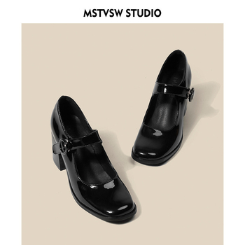 Ženske Mary Jane cipele u retro britanskom stilu Hepburn, crne, visoke pete, kvadratni nos, s kopčom