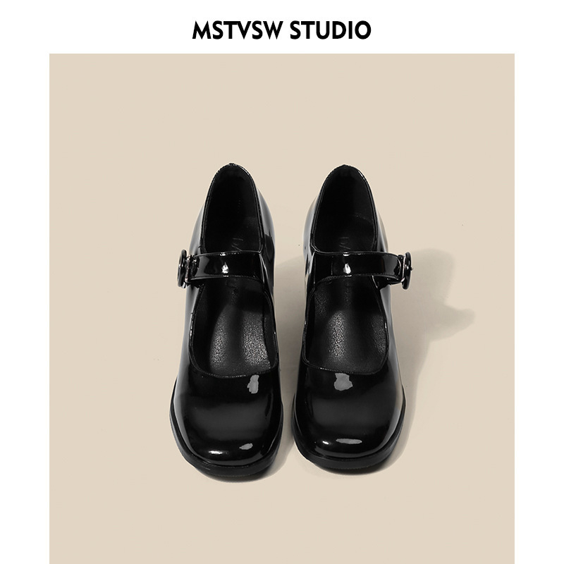 Ženske Mary Jane cipele u retro britanskom stilu Hepburn, crne, visoke pete, kvadratni nos, s kopčom