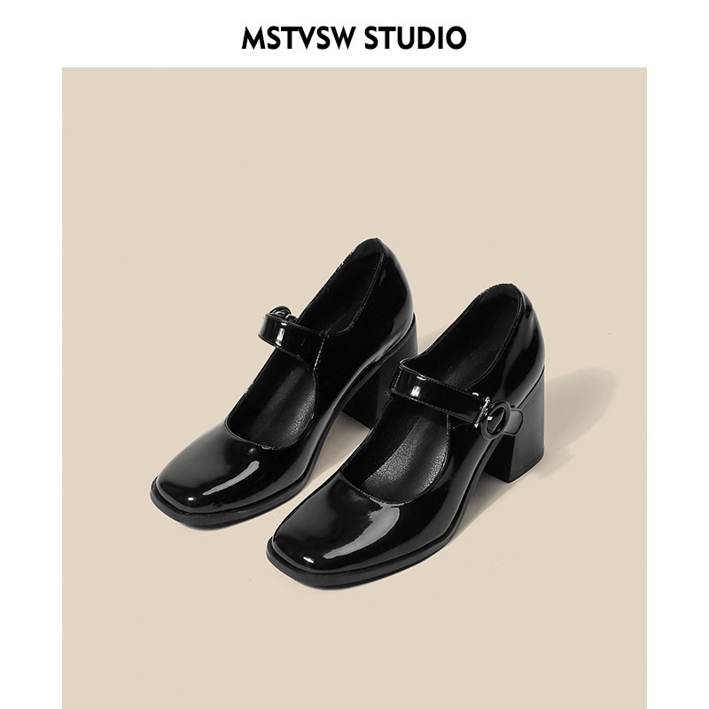 Ženske Mary Jane cipele u retro britanskom stilu Hepburn, crne, visoke pete, kvadratni nos, s kopčom