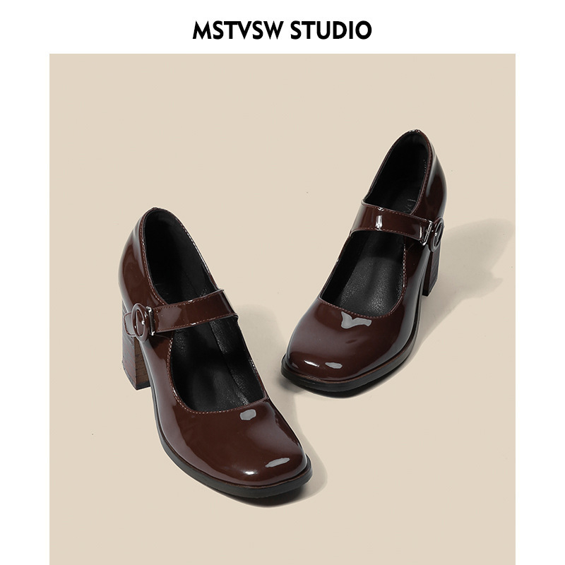 Ženske Mary Jane cipele u retro britanskom stilu Hepburn, crne, visoke pete, kvadratni nos, s kopčom