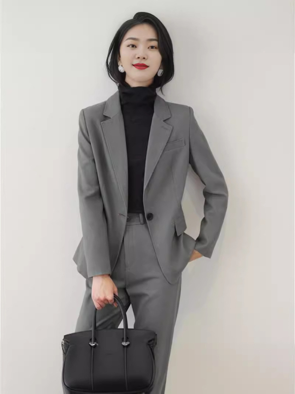 Ženski kostim set: sako i hlače, japanskog stila, slim fit, jednofarbna boja, dugi rukavi, sakovni ovratnik, gradski stil, vuneno-poliesterska smjesa