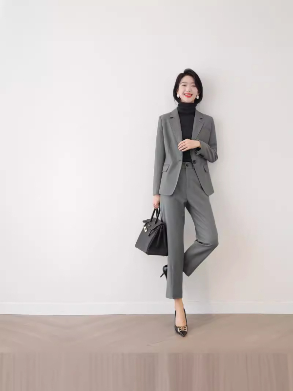 Ženski kostim set: sako i hlače, japanskog stila, slim fit, jednofarbna boja, dugi rukavi, sakovni ovratnik, gradski stil, vuneno-poliesterska smjesa