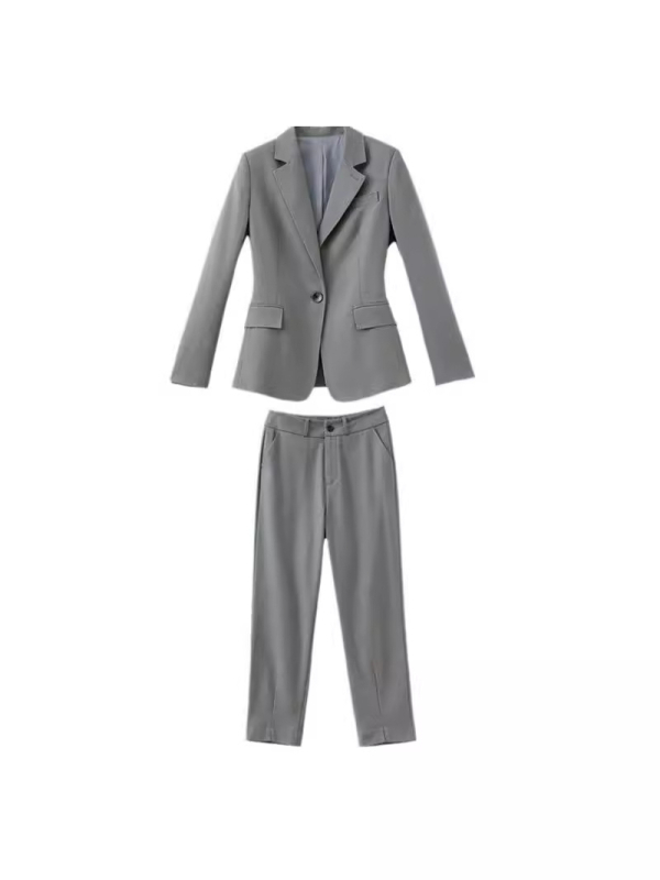 Ženski kostim set: sako i hlače, japanskog stila, slim fit, jednofarbna boja, dugi rukavi, sakovni ovratnik, gradski stil, vuneno-poliesterska smjesa