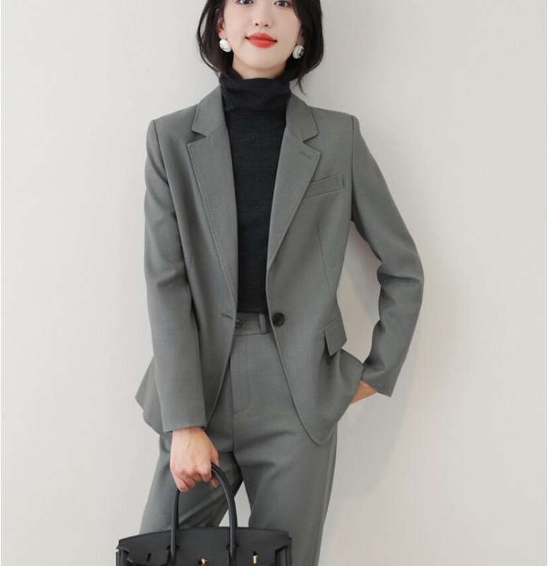 Ženski kostim set: sako i hlače, japanskog stila, slim fit, jednofarbna boja, dugi rukavi, sakovni ovratnik, gradski stil, vuneno-poliesterska smjesa