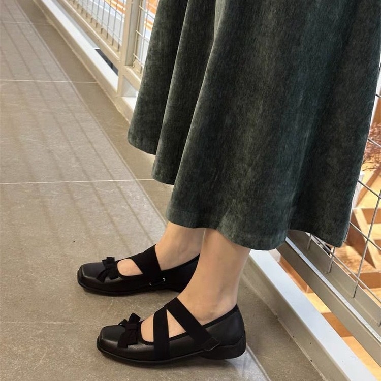 Francuske retro Mary Jane balerinke s kvadratnim vrhom, platformom, krstasto vezanje mašne, kožni gornji dio, gumeni potplat, Velcro kopča, ženska obuća