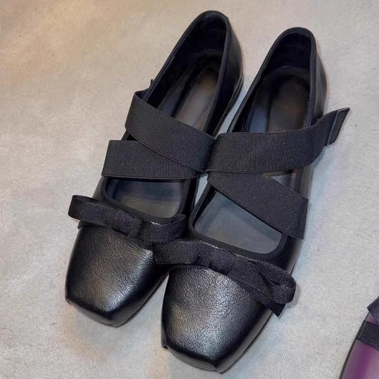 Francuske retro Mary Jane balerinke s kvadratnim vrhom, platformom, krstasto vezanje mašne, kožni gornji dio, gumeni potplat, Velcro kopča, ženska obuća