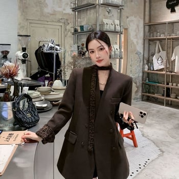 Blazer s leopard uzorkom i patchworkom, za proljeće i jesen, moderan i laskajući, uredski stil, francuski štih, svestran sako
