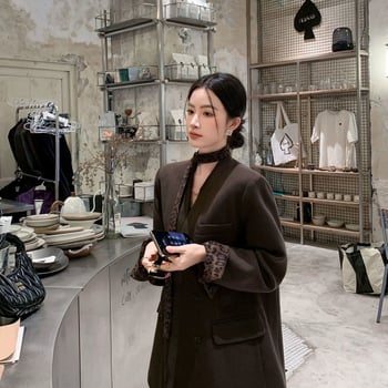 Blazer s leopard uzorkom i patchworkom, za proljeće i jesen, moderan i laskajući, uredski stil, francuski štih, svestran sako