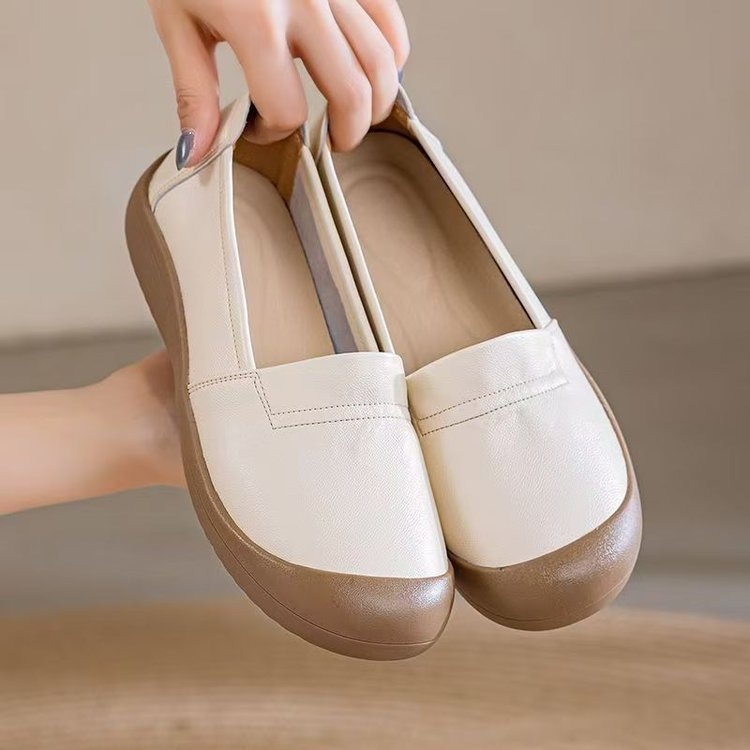 Ženske bijele kožne slip-on tenisice, okrugli vrh prsta, ravna potplat, protuklizne, udobne