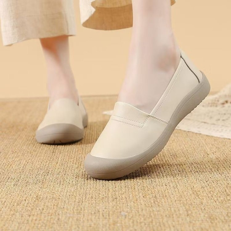 Ženske bijele kožne slip-on tenisice, okrugli vrh prsta, ravna potplat, protuklizne, udobne
