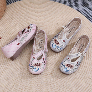 Pantofi din pânză pentru femei, în stil Hanfu, cu broderie florală, respirabili, ușori, talpă moale, deschidere joasă, toc plat