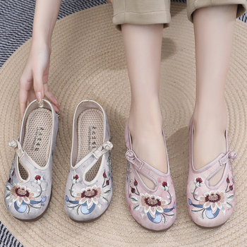 Pantofi din pânză pentru femei, în stil Hanfu, cu broderie florală, respirabili, ușori, talpă moale, deschidere joasă, toc plat