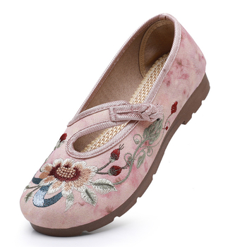 Pantofi din pânză pentru femei, în stil Hanfu, cu broderie florală, respirabili, ușori, talpă moale, deschidere joasă, toc plat