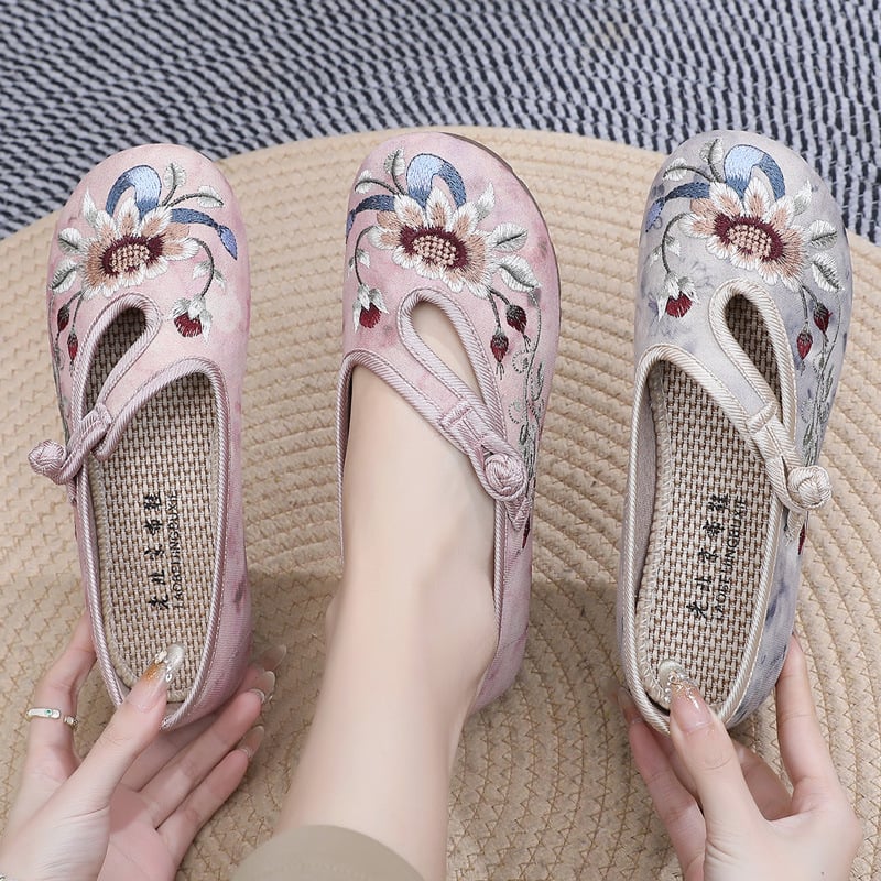 Pantofi din pânză pentru femei, în stil Hanfu, cu broderie florală, respirabili, ușori, talpă moale, deschidere joasă, toc plat