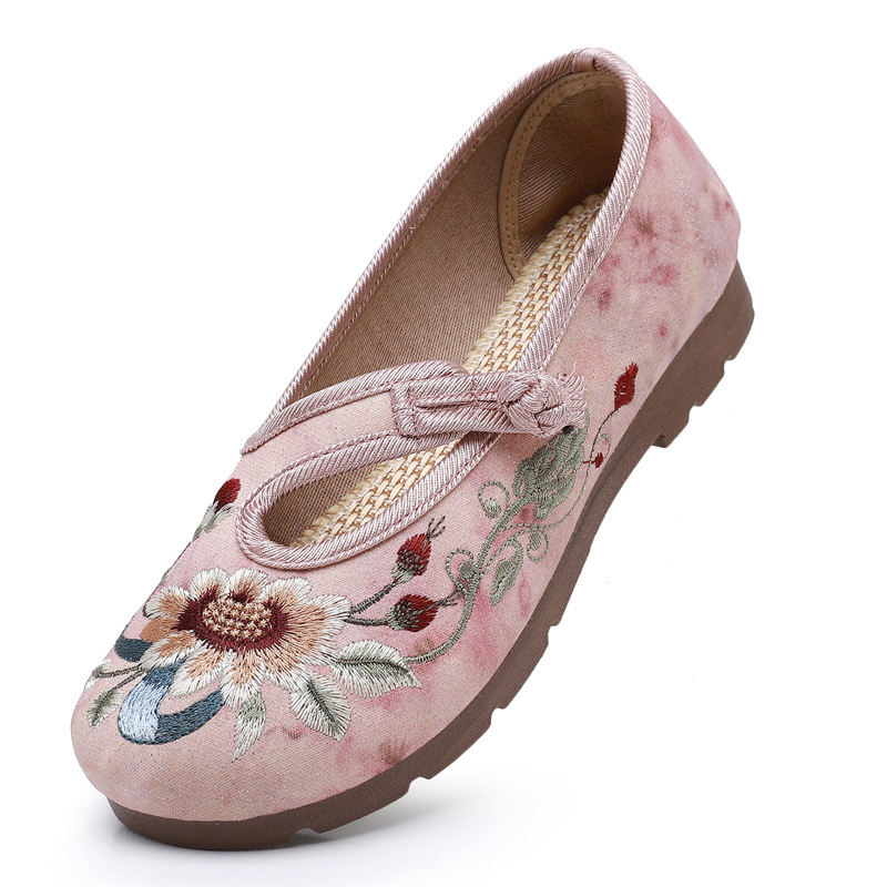 Pantofi din pânză pentru femei, în stil Hanfu, cu broderie florală, respirabili, ușori, talpă moale, deschidere joasă, toc plat