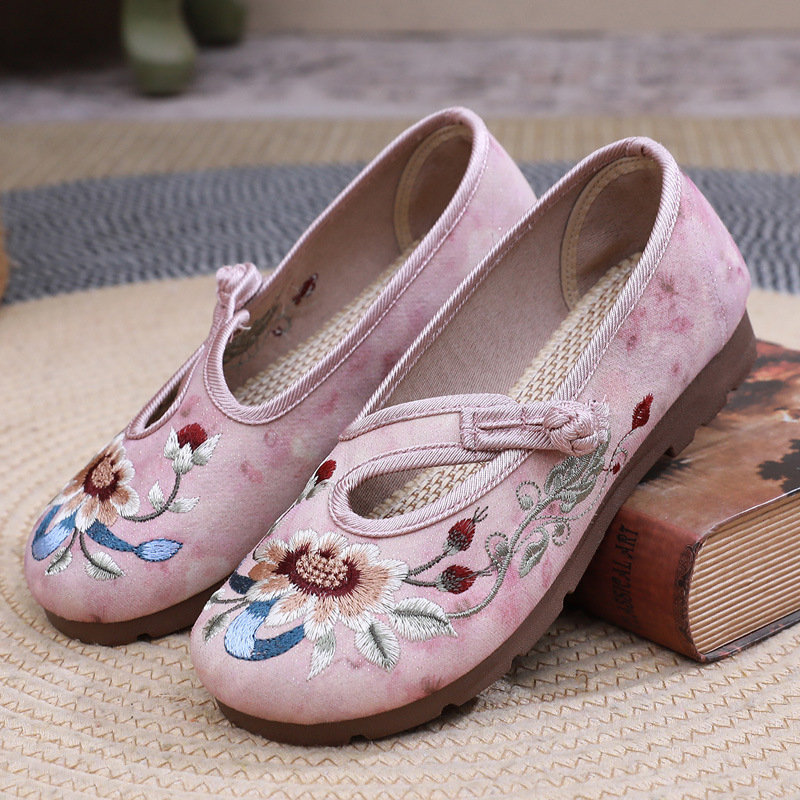 Pantofi din pânză pentru femei, în stil Hanfu, cu broderie florală, respirabili, ușori, talpă moale, deschidere joasă, toc plat