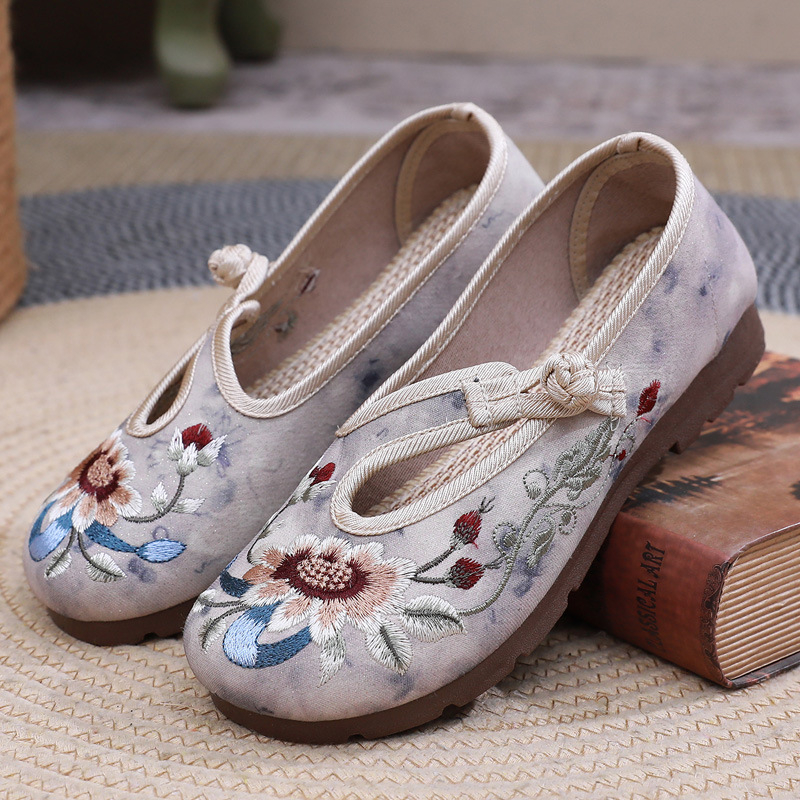 Pantofi din pânză pentru femei, în stil Hanfu, cu broderie florală, respirabili, ușori, talpă moale, deschidere joasă, toc plat