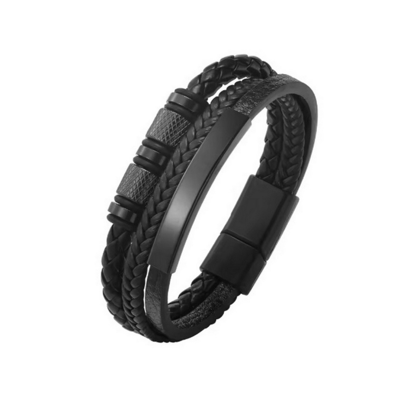 Muška trostruko pletena narukvica s graviranim kožnim detaljem i magnetskim kopčama od legure – minimalistički unisex nakit