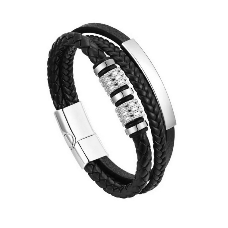 Muška trostruko pletena narukvica s graviranim kožnim detaljem i magnetskim kopčama od legure – minimalistički unisex nakit
