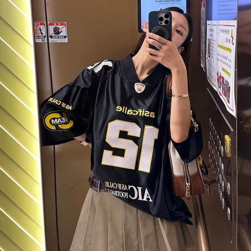 Digitalna mrežasta dres majica s patchworkom, kratkih rukava, u američkom retro školskom stilu