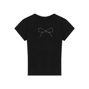 Ženski ljetni cropped T-shirt u američkom stilu, crna mašna s kristalima, uski kroj