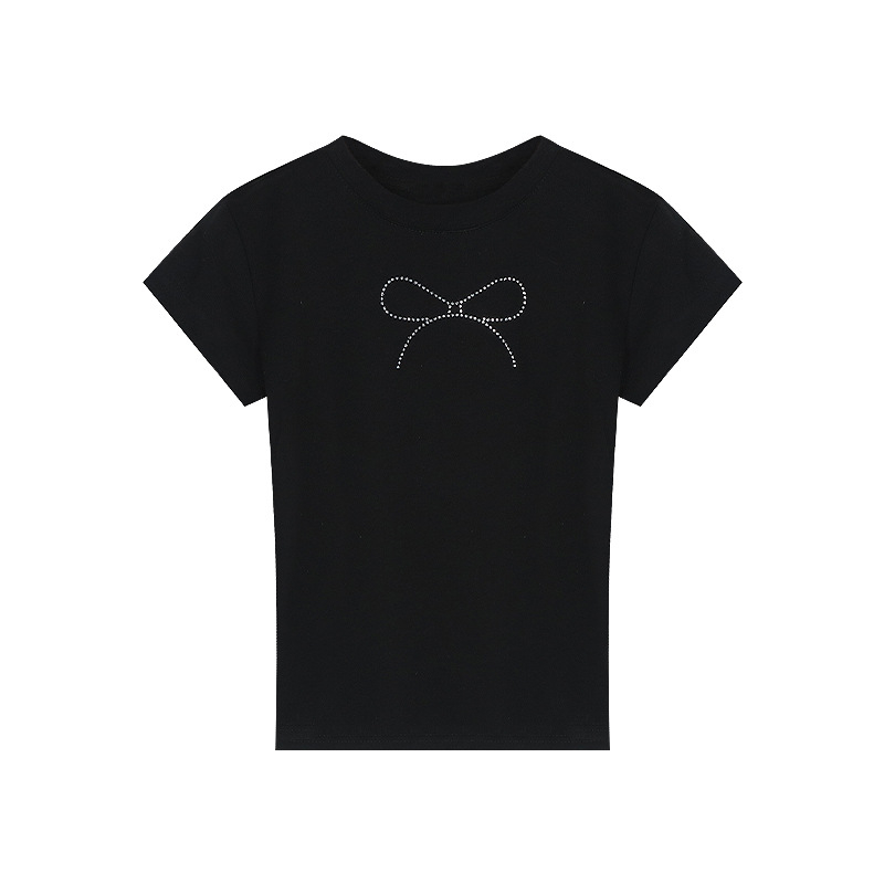 Ženski ljetni cropped T-shirt u američkom stilu, crna mašna s kristalima, uski kroj