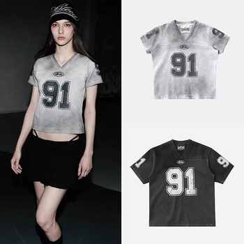 Ženska pamuk kratkih rukava majica s tie-dye distresom, print 91, V-izrez, Jersey top