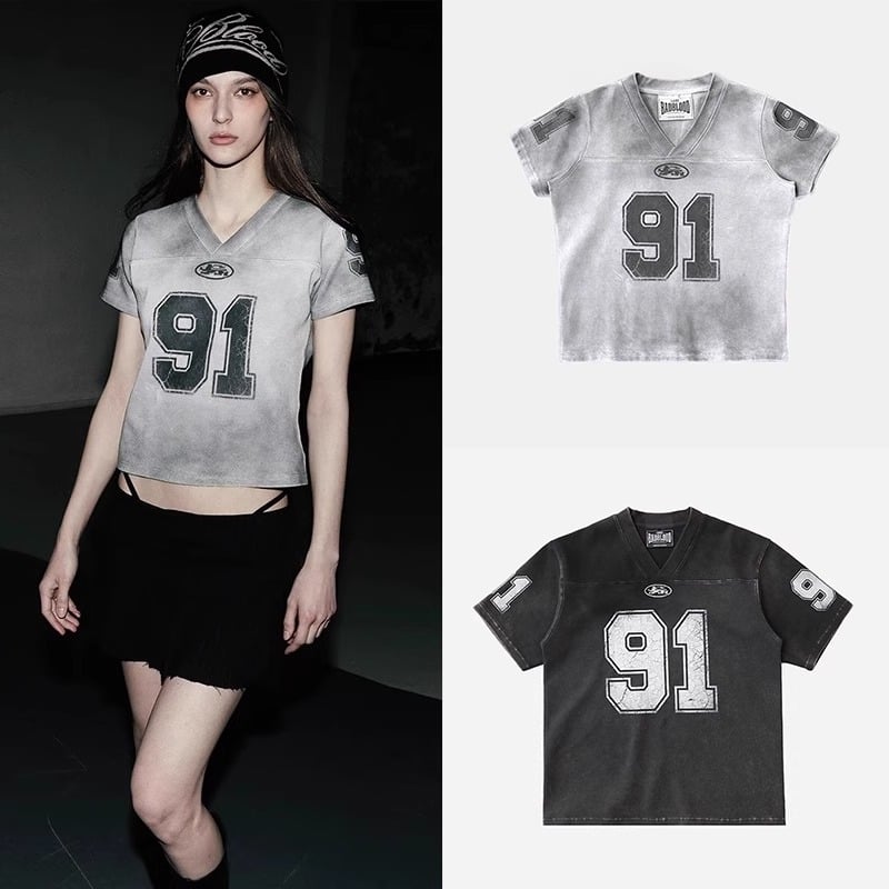 Ženska pamuk kratkih rukava majica s tie-dye distresom, print 91, V-izrez, Jersey top