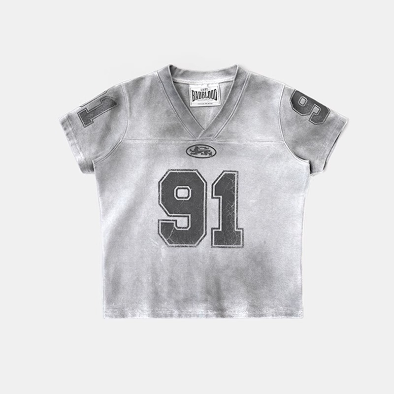 Ženska pamuk kratkih rukava majica s tie-dye distresom, print 91, V-izrez, Jersey top