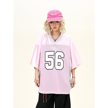 Ružičasta majica s digitalnim otiskom, kratkim rukavima, za žene, široki kroj, američki streetwear stil, proljeće 2025.