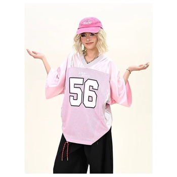 Ružičasta majica s digitalnim otiskom, kratkim rukavima, za žene, široki kroj, američki streetwear stil, proljeće 2025.
