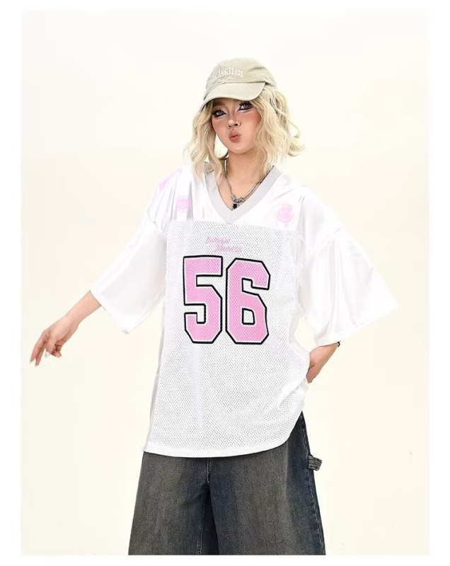 Ružičasta majica s digitalnim otiskom, kratkim rukavima, za žene, široki kroj, američki streetwear stil, proljeće 2025.