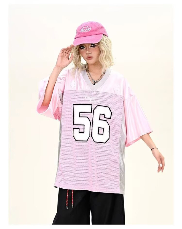 Ružičasta majica s digitalnim otiskom, kratkim rukavima, za žene, široki kroj, američki streetwear stil, proljeće 2025.