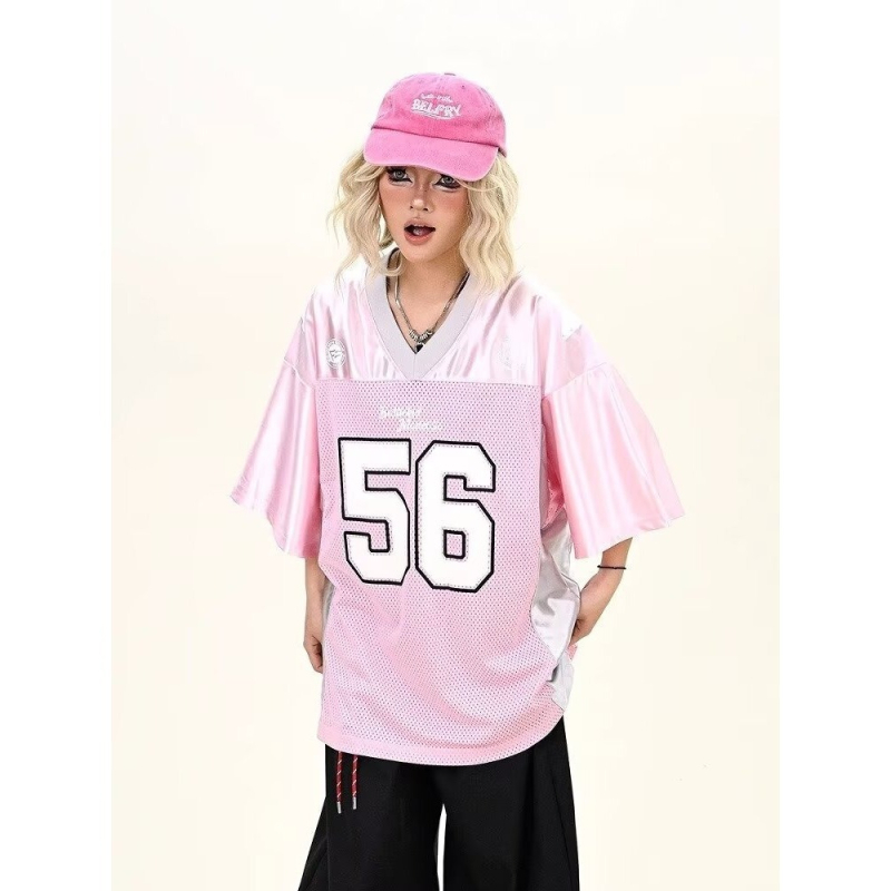 Ružičasta majica s digitalnim otiskom, kratkim rukavima, za žene, široki kroj, američki streetwear stil, proljeće 2025.