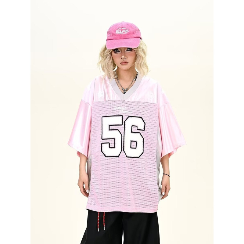 Ružičasta majica s digitalnim otiskom, kratkim rukavima, za žene, široki kroj, američki streetwear stil, proljeće 2025.