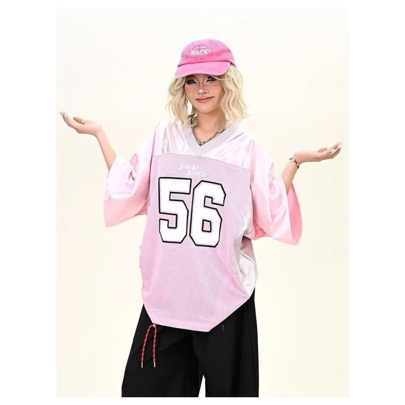 Ružičasta majica s digitalnim otiskom, kratkim rukavima, za žene, široki kroj, američki streetwear stil, proljeće 2025.