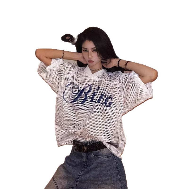 Ženska bluza s američkim retro stilom, V-izrezom i proreznim dizajnom, opuštena kroj, kratki rukavi, casual hip-hop vintage dojam