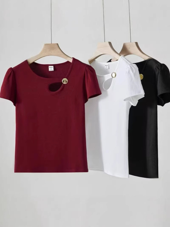 Ženski pamučni T-shirt kratkih rukava, ljetni top s prorezima, jednobojan, uski kroj