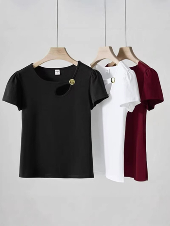 Ženski pamučni T-shirt kratkih rukava, ljetni top s prorezima, jednobojan, uski kroj