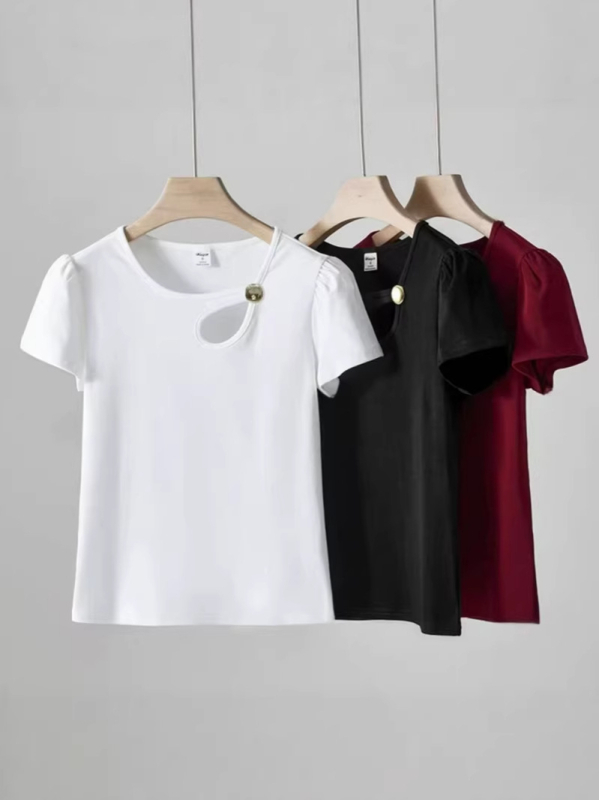 Ženski pamučni T-shirt kratkih rukava, ljetni top s prorezima, jednobojan, uski kroj