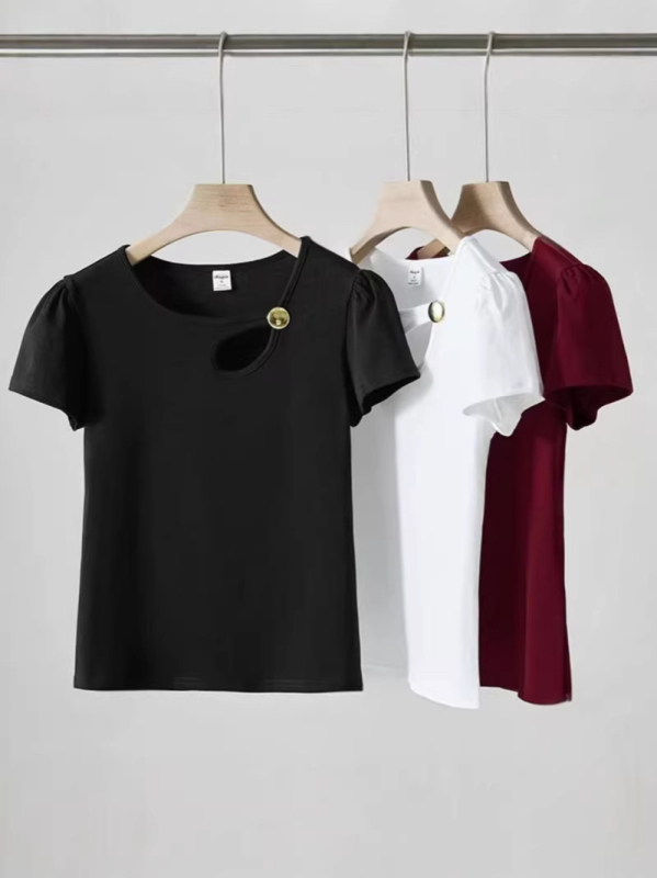 Ženski pamučni T-shirt kratkih rukava, ljetni top s prorezima, jednobojan, uski kroj